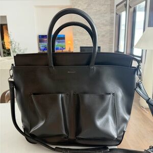 Matt & Nat Black Vegan Leather Tote with Front Pockets and Shoulder Strap
